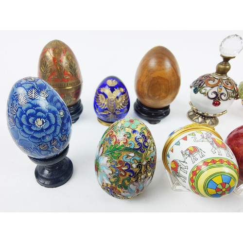 33 - A COLLECTION OF ENAMELLED EGG TRINKETS, mostly by Halcyon days enamels, plus various other boxes, eg... 