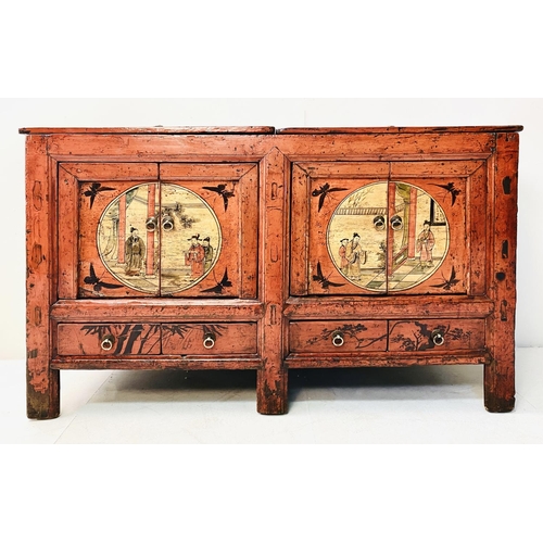 394 - CHINESE SIDEBOARD, red lacquered, with twin cupboard doors painted with figural scenes over four sho... 