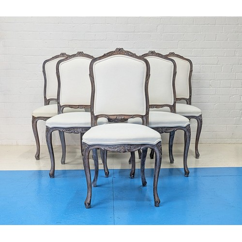 395 - DINING CHAIRS, a set of six, French, painted with neutral linen upholstery, 100cm H x 50cm W x 50cm ... 