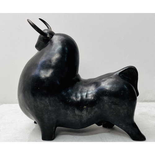 398 - CONTEMPORARY SCHOOL BULL SCULPTURE, in bronze, 55cm H x 62cm W x 30cm D.