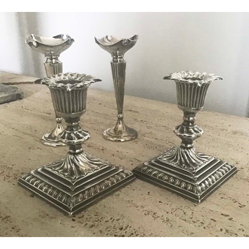 8 - SILVER CANDLESTICKS, a pair, 19th century silver with removable sconces and stepped bases, together ... 