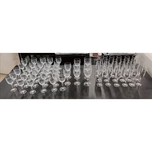 21 - BERNARD LIMOGES VULCAN COFFEE CANS GLASSES, etched comprising 24 Champagne, 29 Port, 6 white, 3 red.... 