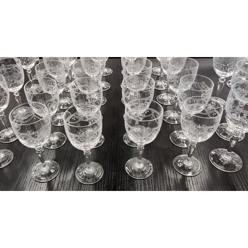 21 - BERNARD LIMOGES VULCAN COFFEE CANS GLASSES, etched comprising 24 Champagne, 29 Port, 6 white, 3 red.... 