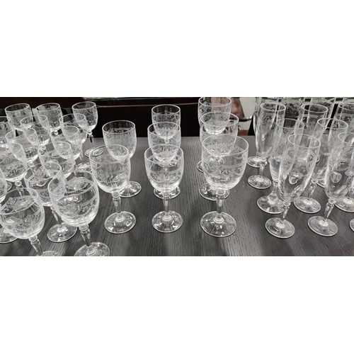 21 - BERNARD LIMOGES VULCAN COFFEE CANS GLASSES, etched comprising 24 Champagne, 29 Port, 6 white, 3 red.... 