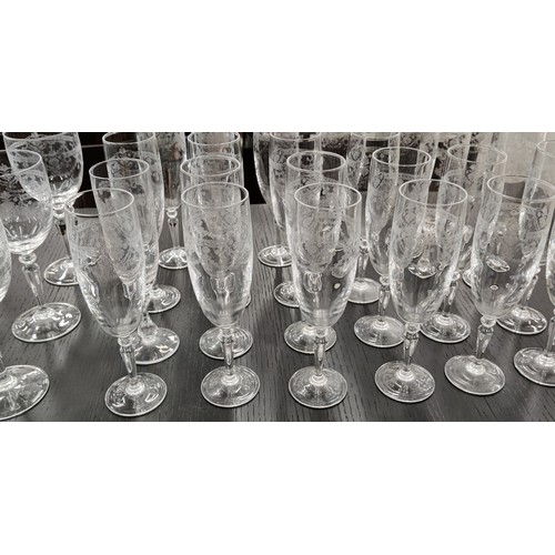 21 - BERNARD LIMOGES VULCAN COFFEE CANS GLASSES, etched comprising 24 Champagne, 29 Port, 6 white, 3 red.... 