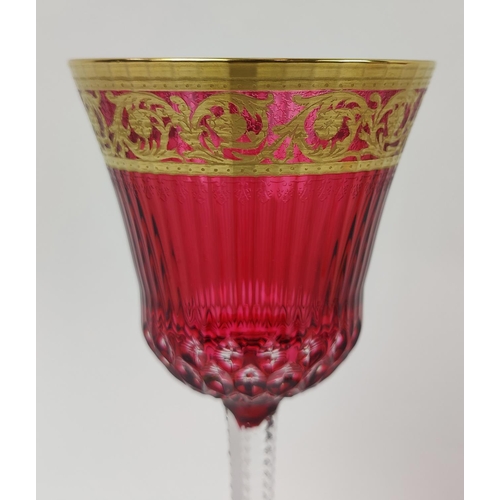 37 - SAINT LOUIS, set of six hock glasses, red crystal glass, thistle, design, gilt rims, 20.5cm H, compl... 