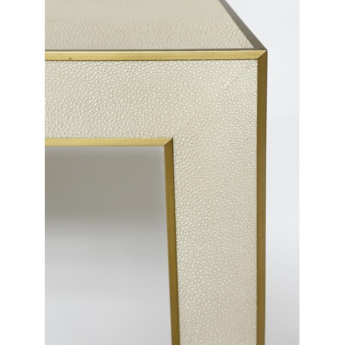 356 - FAUX SHAGREEN CONSOLE TABLE, rectangular metal bound with undertier, 170cm  W x 40cm D x 82cm H.