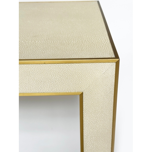 356 - FAUX SHAGREEN CONSOLE TABLE, rectangular metal bound with undertier, 170cm  W x 40cm D x 82cm H.