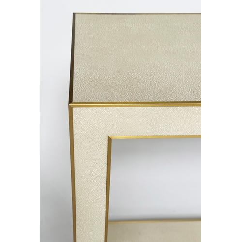 356 - FAUX SHAGREEN CONSOLE TABLE, rectangular metal bound with undertier, 170cm  W x 40cm D x 82cm H.