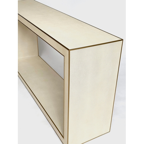 356 - FAUX SHAGREEN CONSOLE TABLE, rectangular metal bound with undertier, 170cm  W x 40cm D x 82cm H.