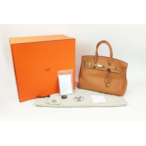 11 - HERMÈS BIRKIN 35 GOLD, gold tone hardware, top handles, color matching leather lining, one zip pocke... 