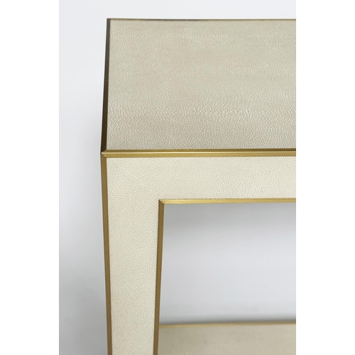 356 - FAUX SHAGREEN CONSOLE TABLE, rectangular metal bound with undertier, 170cm  W x 40cm D x 82cm H.