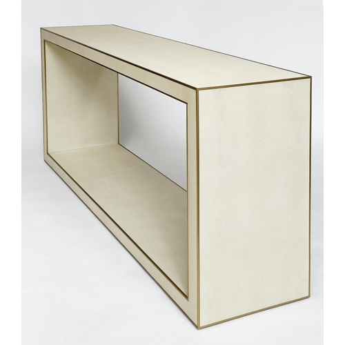 356 - FAUX SHAGREEN CONSOLE TABLE, rectangular metal bound with undertier, 170cm  W x 40cm D x 82cm H.