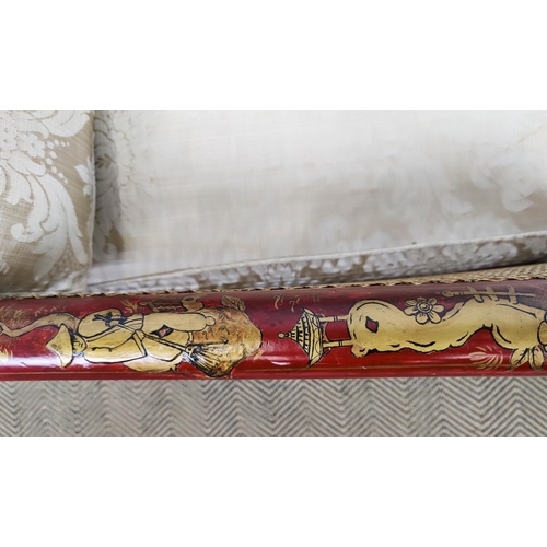 436 - BERGERE, early 20th century scarlet and gilt chinoiserie decorated and caned with damask cushions, 8... 