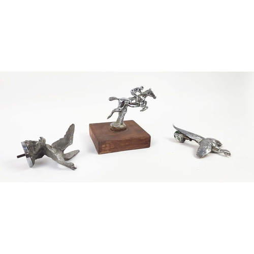 1 - LOUIS LEJEUNE CAR MASCOTS, a pheasant and goose in flight stamped under base and mounted horse and j... 