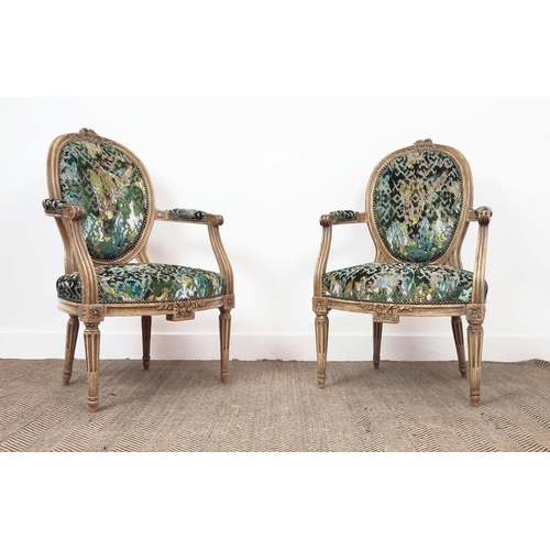 135 - FAUTEUILS, a pair, 19th century French giltwood framed with designers guild upholstery, 94cm H x 58c... 