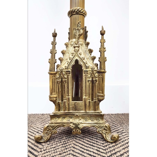 15 - CHURCH ALTAR CANDLESTICKS, a pair, Gothic style brass, 105cm H. (2)