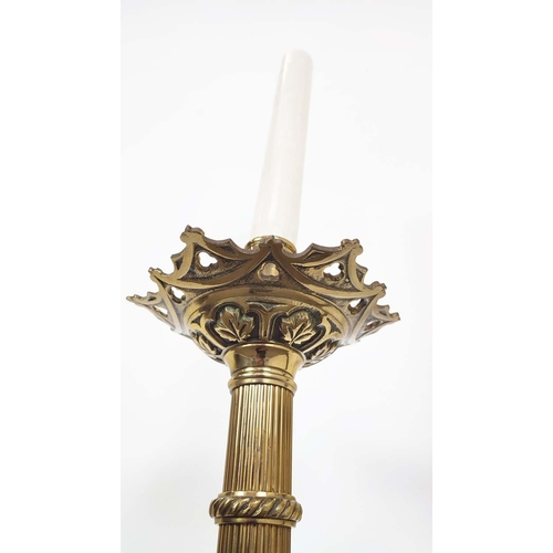 15 - CHURCH ALTAR CANDLESTICKS, a pair, Gothic style brass, 105cm H. (2)