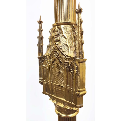 15 - CHURCH ALTAR CANDLESTICKS, a pair, Gothic style brass, 105cm H. (2)