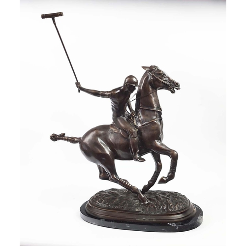 2 - BRONZE POLO PLAYER, on marble base, 74cm H x 60cm L x 26cm W.