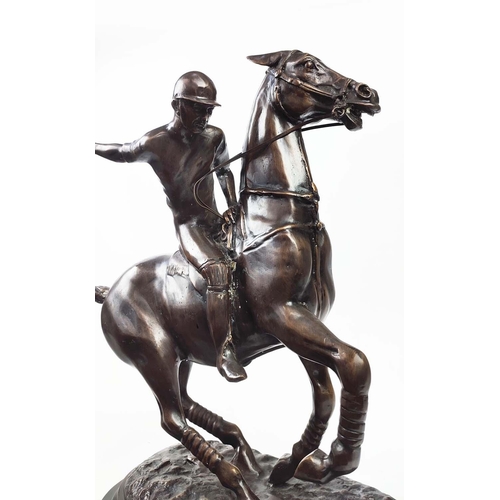 2 - BRONZE POLO PLAYER, on marble base, 74cm H x 60cm L x 26cm W.