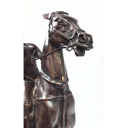 2 - BRONZE POLO PLAYER, on marble base, 74cm H x 60cm L x 26cm W.