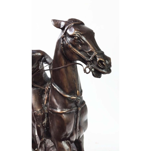 2 - BRONZE POLO PLAYER, on marble base, 74cm H x 60cm L x 26cm W.