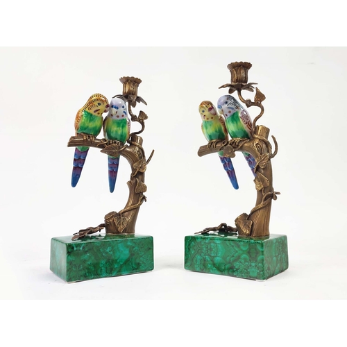 28 - BUDGERIGAR CANDLESTICKS, a pair, Chinese export style porcelain perched on metal branches and malach... 