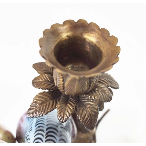 28 - BUDGERIGAR CANDLESTICKS, a pair, Chinese export style porcelain perched on metal branches and malach... 