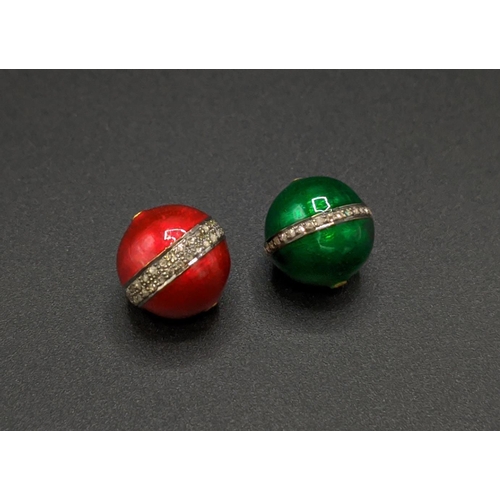 34 - A PAIR OF ENAMEL AND DIAMOND SET BEADS, in green and red, diamond set bands, 13mm diameter (2)