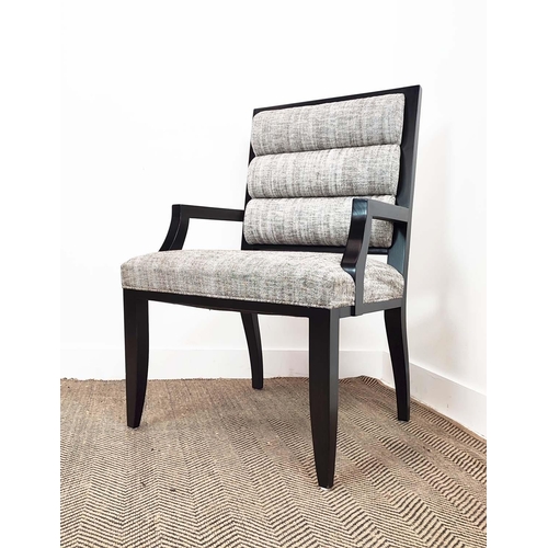 363 - OPEN ARMCHAIR, flecked fabric, black arms, 63cm W x 98cm H.