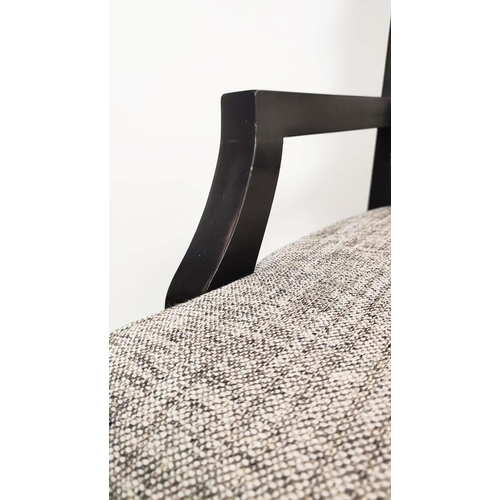 363 - OPEN ARMCHAIR, flecked fabric, black arms, 63cm W x 98cm H.