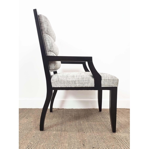 363 - OPEN ARMCHAIR, flecked fabric, black arms, 63cm W x 98cm H.