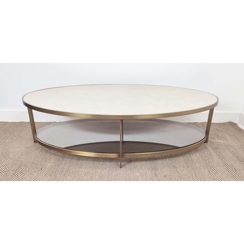 369 - LOW TABLE, oval, with a faux shagreen top, on a metal base, 43cm H x 80cm D x 150cm L.