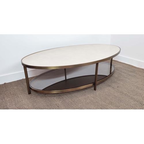 369 - LOW TABLE, oval, with a faux shagreen top, on a metal base, 43cm H x 80cm D x 150cm L.