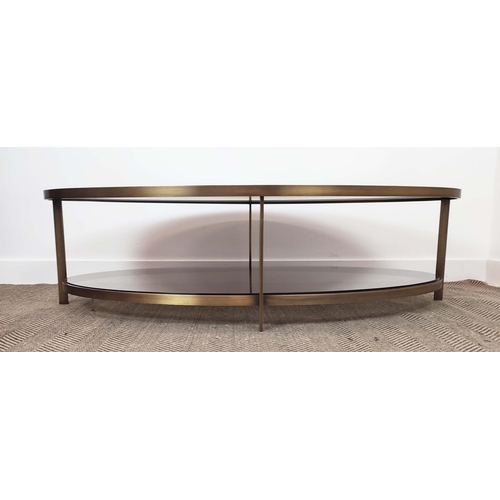 369 - LOW TABLE, oval, with a faux shagreen top, on a metal base, 43cm H x 80cm D x 150cm L.