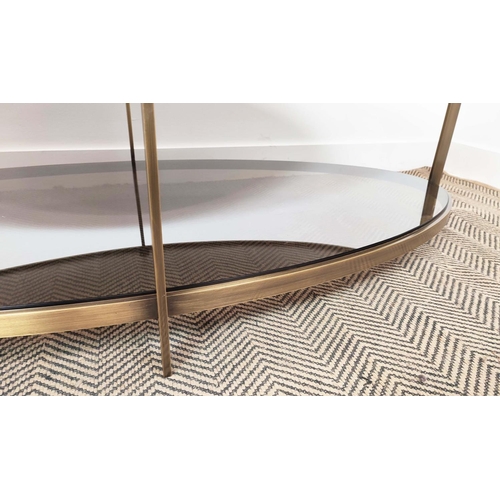 369 - LOW TABLE, oval, with a faux shagreen top, on a metal base, 43cm H x 80cm D x 150cm L.