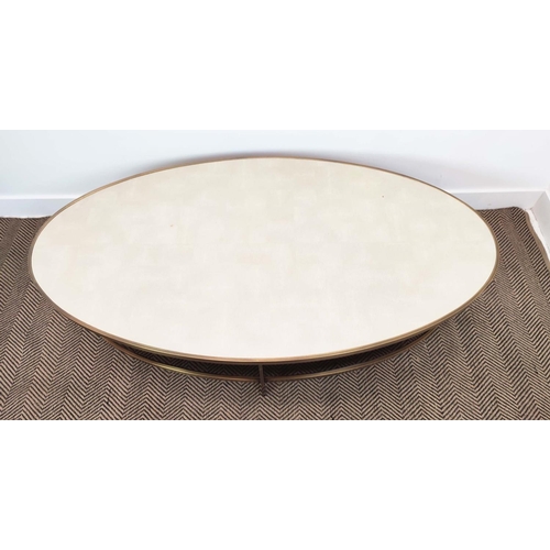 369 - LOW TABLE, oval, with a faux shagreen top, on a metal base, 43cm H x 80cm D x 150cm L.