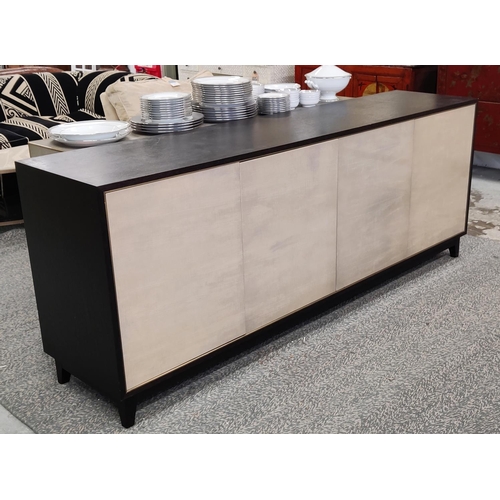 374 - SIDEBOARD, four door with a black wooden carcass and four gloss doors, 50cm D x 86cm x 220cm L.