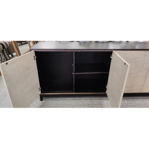 374 - SIDEBOARD, four door with a black wooden carcass and four gloss doors, 50cm D x 86cm x 220cm L.