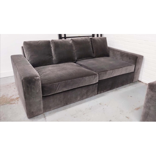 377 - SOFA, grey velvet upholstered, 230cm W x 115cm D, in two sections.