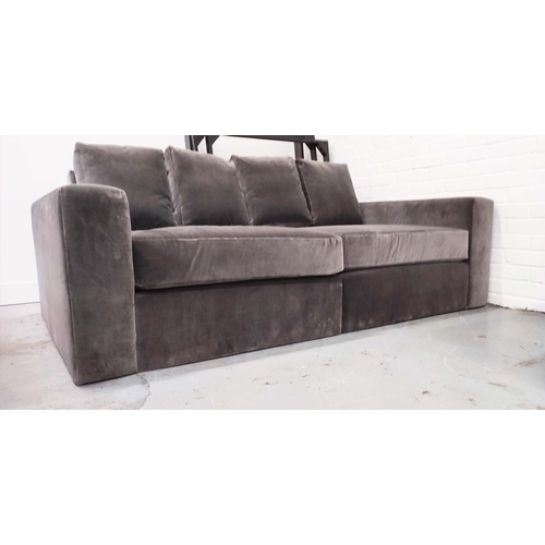 377 - SOFA, grey velvet upholstered, 230cm W x 115cm D, in two sections.