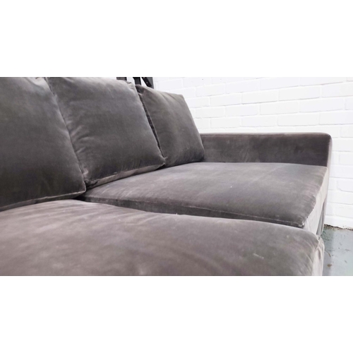 377 - SOFA, grey velvet upholstered, 230cm W x 115cm D, in two sections.