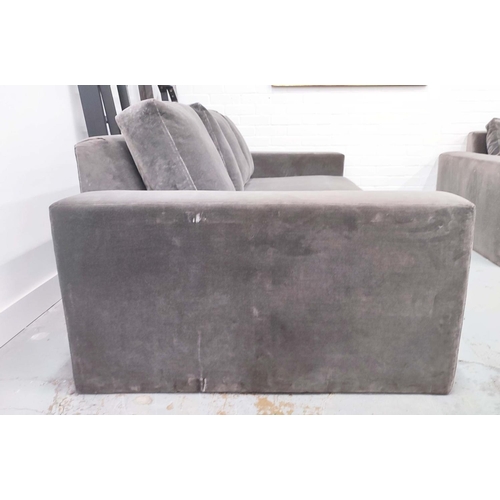 377 - SOFA, grey velvet upholstered, 230cm W x 115cm D, in two sections.