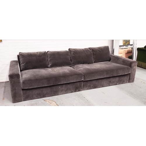 378 - SOFA, grey velvet upholstered, 330cm W x 115cm D, in two sections.