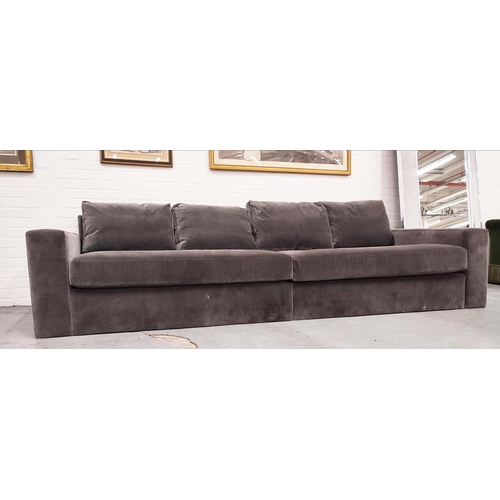 378 - SOFA, grey velvet upholstered, 330cm W x 115cm D, in two sections.