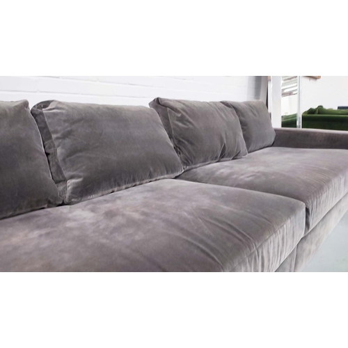 378 - SOFA, grey velvet upholstered, 330cm W x 115cm D, in two sections.