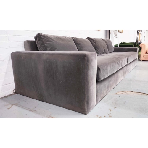 378 - SOFA, grey velvet upholstered, 330cm W x 115cm D, in two sections.