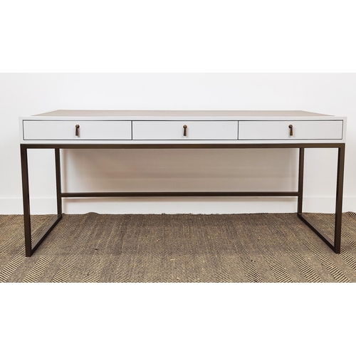 379 - DESK, with three frieze drawers and fabric style top, 170cm W x 60cm D x 76cm H.