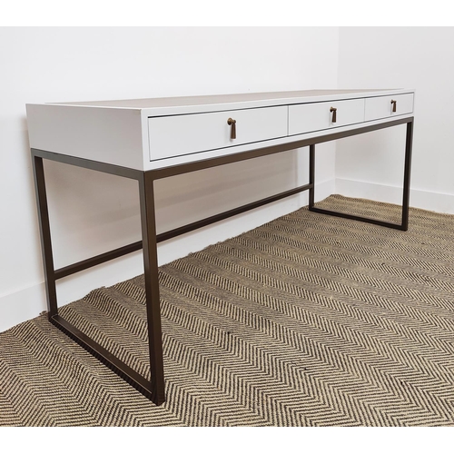 379 - DESK, with three frieze drawers and fabric style top, 170cm W x 60cm D x 76cm H.